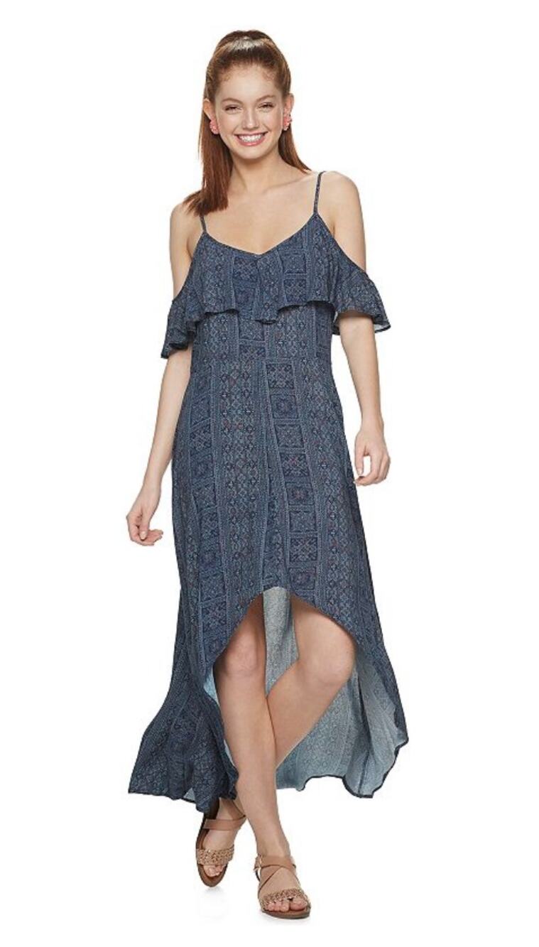 Rewind High Low Cold Shoulder Maxi Dress Blue Star Print XL